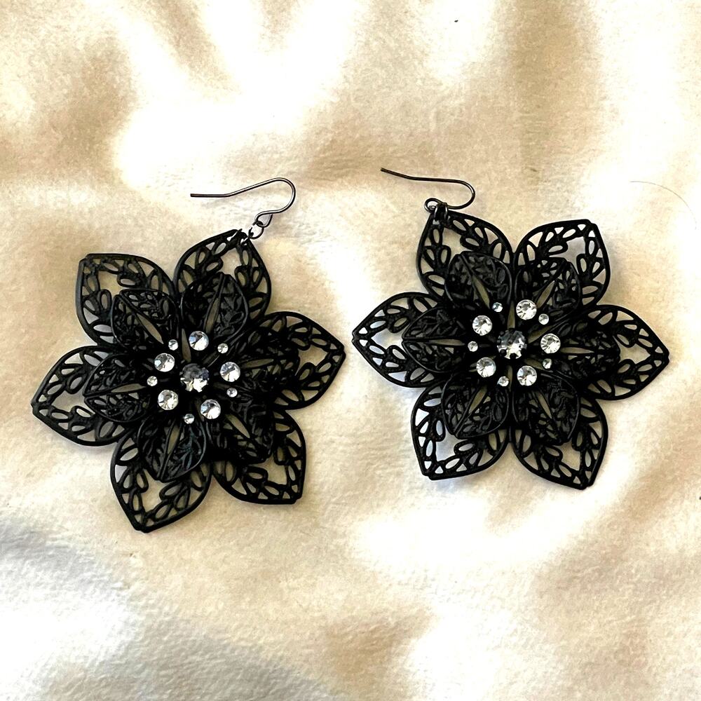 Black Large Flower Earrings Womens Filigree Metal & Rhinestones